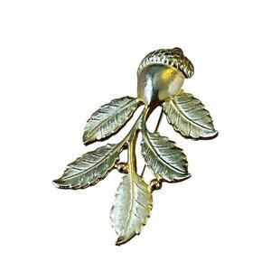 Gold Tone Fall Acorn Oak Leaf Brooch Vintage 3.25" by 1.75"